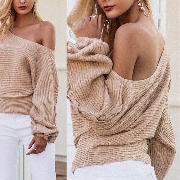 Off Shoulder Cross Braided Loose Knit Sweater - Picture 2 of 7